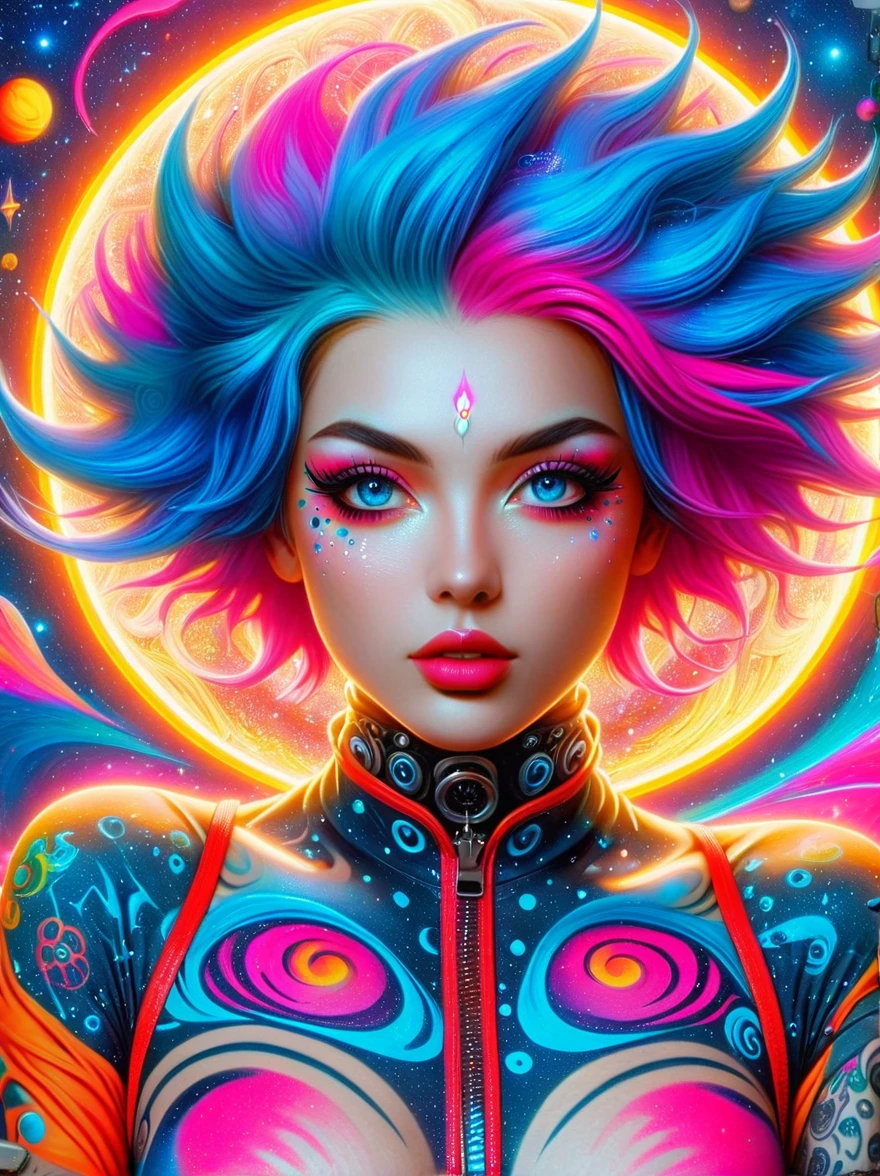 (masterpiece, top quality, best quality, official art, beautiful, cosmic, atmospheric, psychedelic, dreamlike and aesthetic, swirling psychedelic cosmic graffiti patterns:1.2), (1girl), extreme detailed,(fractal art:1.3),colorful,highest detailed, (Best Quality, 8K, masutepiece:1.3), Ultra-detailed, (Photorealistic:1.4), pink and white colors, perfect color scheme, albino, Punk rock Girl, Detailed moonlight eyes, full body portrait, Luxurious neon blue punk hair, Edgy Harajuku-inspired punk rock fashion, super huge enormously gigantic , cleavage showing, Avant-garde makeup, Numerous piercings, Heavily tattooed body, swirling psychedelic cosmic dreamlike graffiti pattern background 