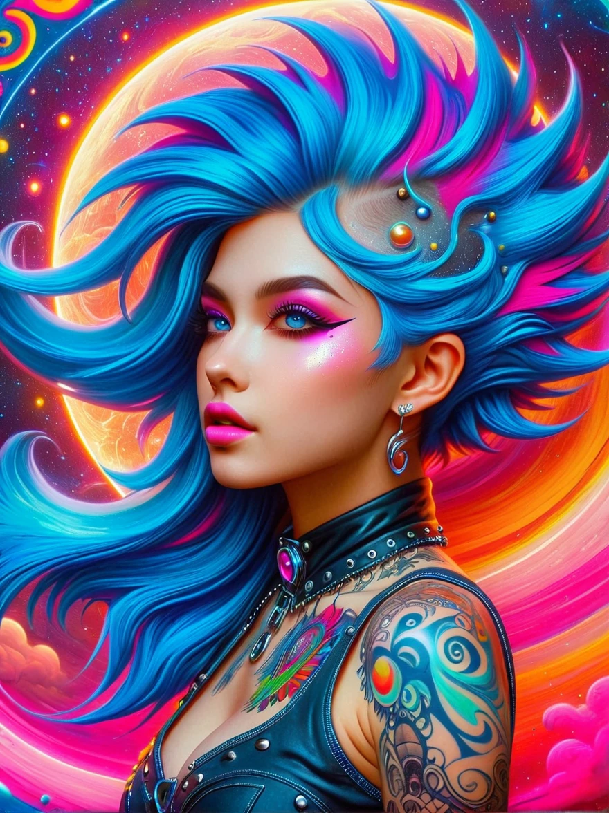 (masterpiece, top quality, best quality, official art, beautiful, cosmic, atmospheric, psychedelic, dreamlike and aesthetic, swirling psychedelic cosmic graffiti patterns:1.2), (1girl), extreme detailed,(fractal art:1.3),colorful,highest detailed, (Best Quality, 8K, masutepiece:1.3), Ultra-detailed, (Photorealistic:1.4), pink and white colors, perfect color scheme, albino, Punk rock Girl, Detailed moonlight eyes, full body portrait, Luxurious neon blue punk hair, Edgy Harajuku-inspired punk rock fashion, super huge enormously gigantic , cleavage showing, Avant-garde makeup, Numerous piercings, Heavily tattooed body, swirling psychedelic cosmic dreamlike graffiti pattern background 