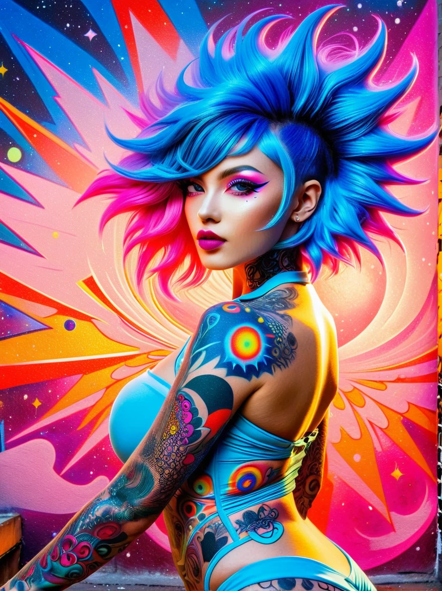 (masterpiece, top quality, best quality, official art, beautiful, cosmic, atmospheric, psychedelic, dreamlike and aesthetic, swirling psychedelic cosmic graffiti patterns:1.2), (1girl), extreme detailed,(fractal art:1.3),colorful,highest detailed, (Best Quality, 8K, masutepiece:1.3), Ultra-detailed, (Photorealistic:1.4), pink and white colors, perfect color scheme, albino, Punk rock Girl, Detailed moonlight eyes, full body portrait, Luxurious neon blue punk hair, Edgy Harajuku-inspired punk rock fashion, super huge enormously gigantic , cleavage showing, Avant-garde makeup, Numerous piercings, Heavily tattooed body, swirling psychedelic cosmic dreamlike graffiti pattern background