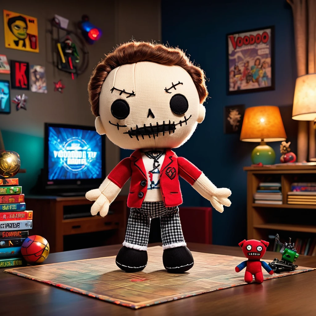 (knitted toy voodoo doll:1.7), (Voodoo as Sheldon Cooper from The Big Bang Theory:1.3), (Clothing: geeky t-shirt with superhero logo, plaid pants:1.0), (Accessories: enchanted whiteboard emitting a scientific glow, floating comic books:1.1), (background: cluttered apartment living room with board games, science books, and a cozy nerdy atmosphere:1.2), best quality, masterpiece, detailed soft oil painting, detailed background, dramatic cinematic lighting, soft edge lighting, professional, dramatic lighting, hard edge lighting, ultra quality, 4k,masterpiece, best quality, 8k, ultra highres, highres, extremely detailed