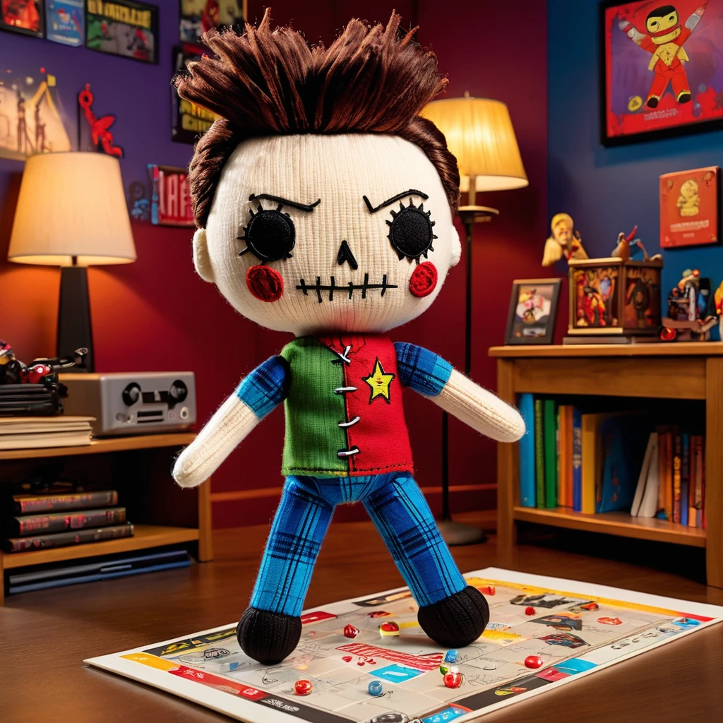 (knitted toy voodoo doll:1.7), (Voodoo as Sheldon Cooper from The Big Bang Theory:1.3), (Clothing: geeky t-shirt with superhero logo, plaid pants:1.0), (Accessories: enchanted whiteboard emitting a scientific glow, floating comic books:1.1), (background: cluttered apartment living room with board games, science books, and a cozy nerdy atmosphere:1.2), best quality, masterpiece, detailed soft oil painting, detailed background, dramatic cinematic lighting, soft edge lighting, professional, dramatic lighting, hard edge lighting, ultra quality, 4k,masterpiece, best quality, 8k, ultra highres, highres, extremely detailed