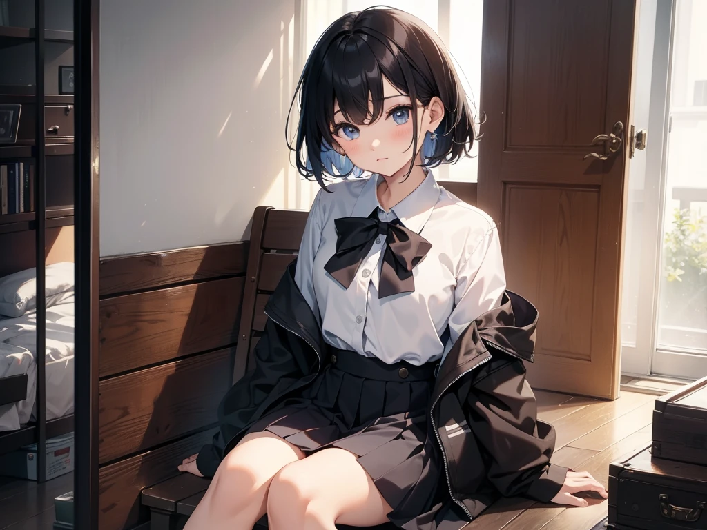 Best Quality, Masterpiece, Boy's Photo, Squat, School Uniform, **********, Royal, (8K, Best Quality, Masterpiece:1.2), Ultra Highres, Intricate Details,
1boy, (beautiful face:1.2), jk suit,white shirt,black bow, bowtie,black skirt,plaid skirt, pleated skirt, puffed socks, loafers, Harajuku, punk，loose socks，short hair，leg warmers, wavy hair, solo