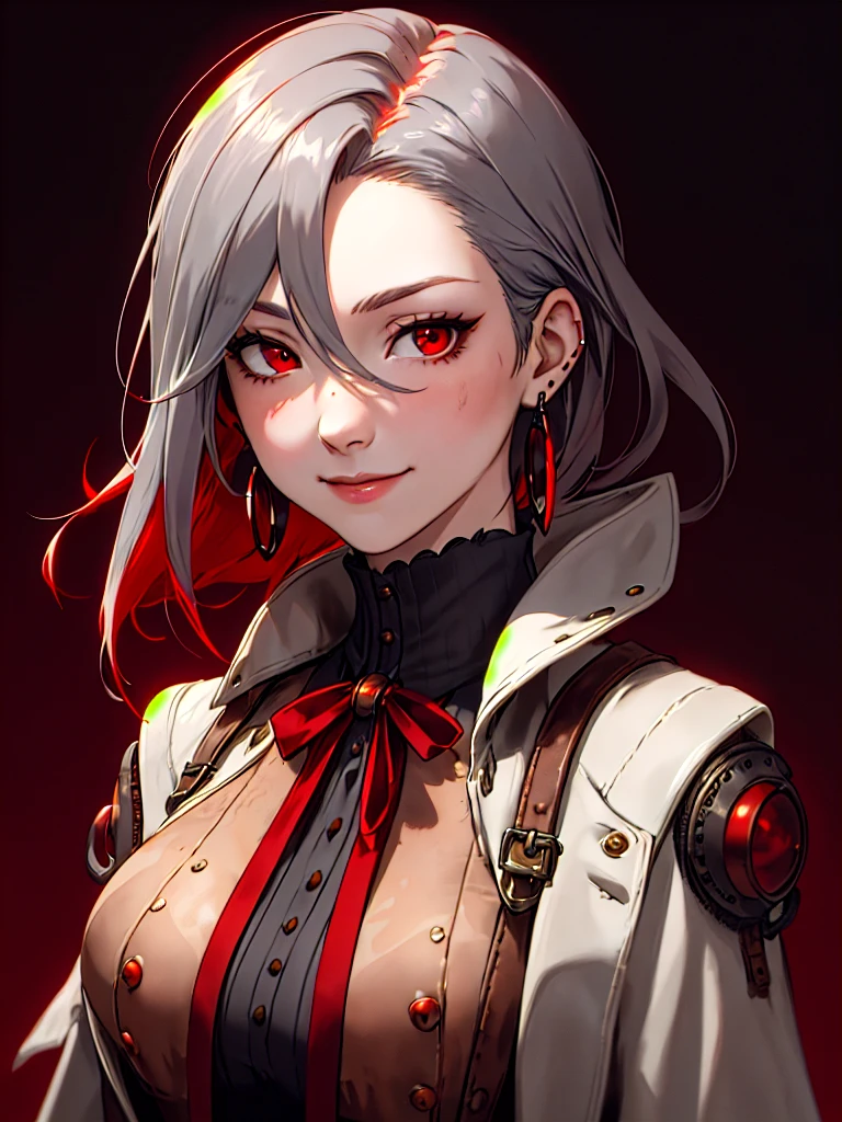 ((Portrait)), She has an Attractive, Young Adult Appearance, with a Large Breasts, a Warm Smile and Light Red Eyes. Her Hair is Ash Gray, Short to the Neck, with Long Strands Falling Below Her Face, and Inner Strands Dyed Red. She Wears a Dark Gray Steampunk-style Dress Coat with Red Details, and Small Earrings, Portrait, HDR, ((Dark Background))