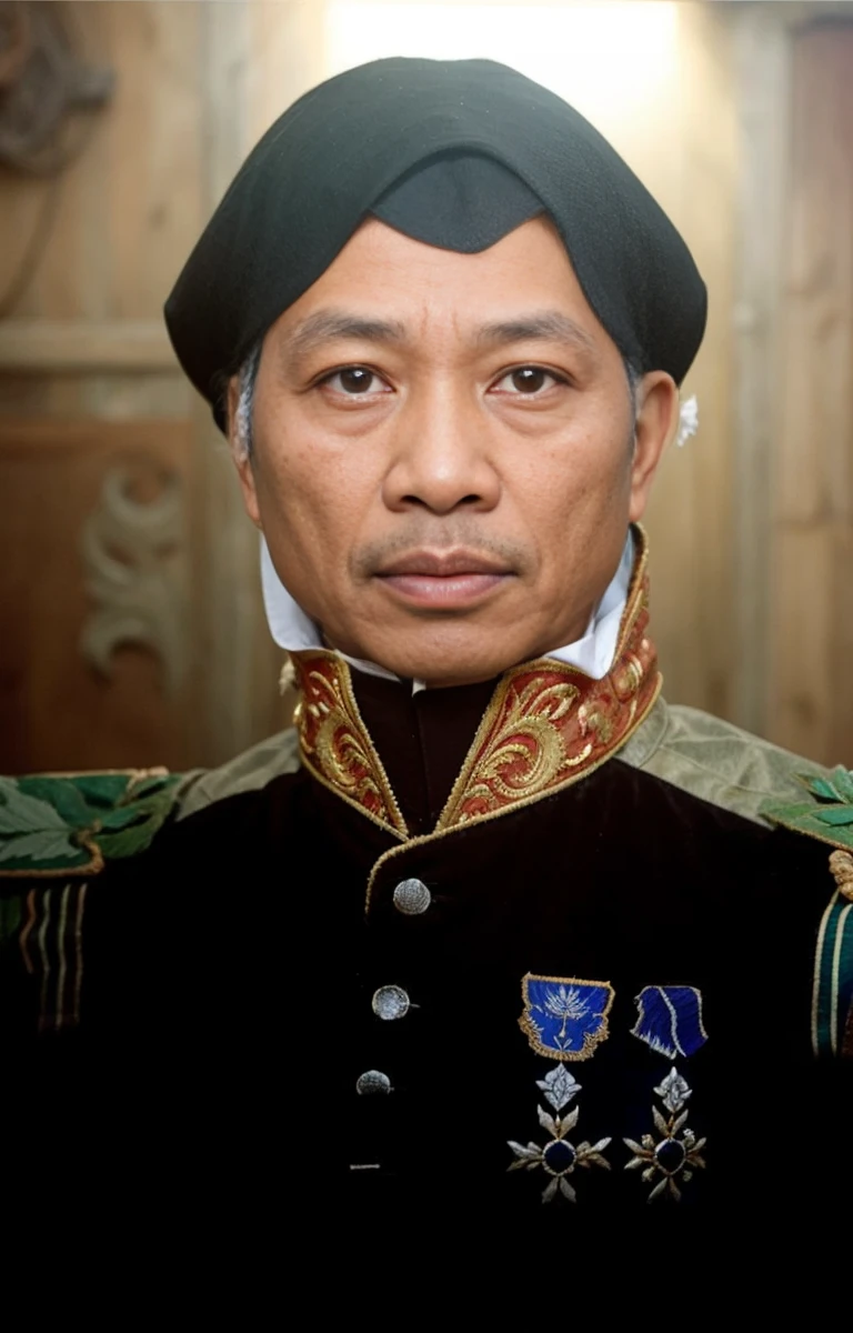 Indonesian Muslim man, aged 40 years or over, brownish wrinkled skin, wearing clothes with the nuances of a king or commander's clothes from the era of the era, very detailed, wearing a blangkon, small lips, clean eyes, not sharp nose. HD quality is very realistic