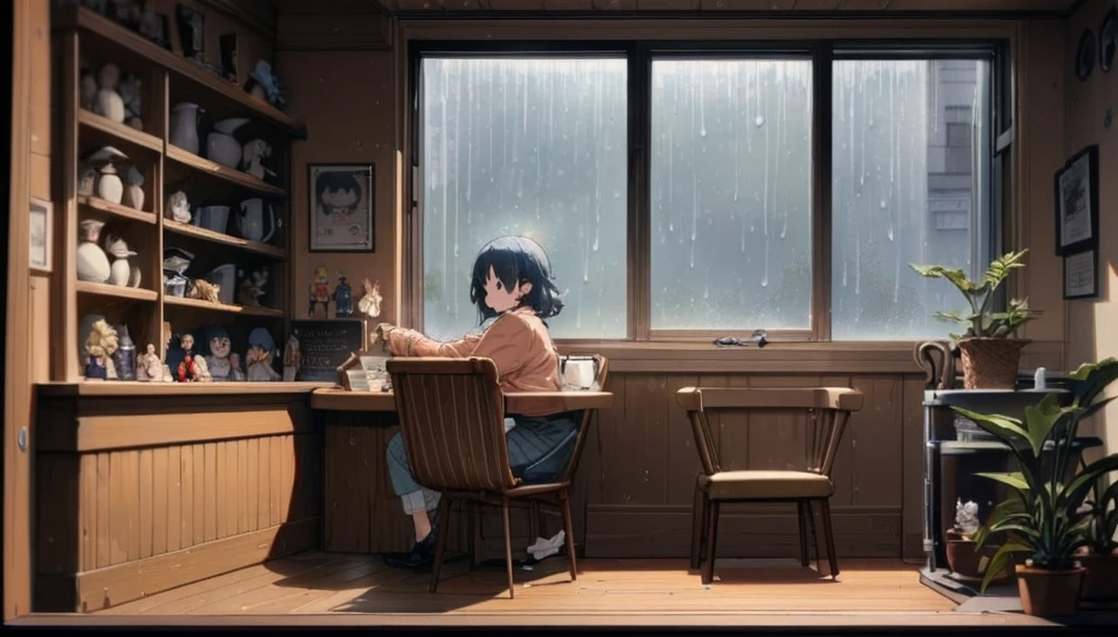 ((anime:1.4,figure)),(masterpiece, Highest quality, Highest quality),(Super detailed, The absolute solution),((16K, High resolution)), (((Cozy café interior, Wet day, Comfortable chair, Book, soft, Large window with raindrops, A steaming cup of tea or coffee on a table, Warm indirect lighting creates a calm atmosphere))), ((cozy lofi figure:1.4)), ((anime:1.4, figure)),(masterpiece, Highest quality, Highest quality),(Super detailed, The absolute solution),((16K, High resolution)) break {Lofi Art, Laurie Griesley's style, Makoto Shinkai&#39;s Style, anime aesthetic}, break { (Generates images with over 40 million pixels of information with the detailed texture of films shot with Sony SLR cameras。).}