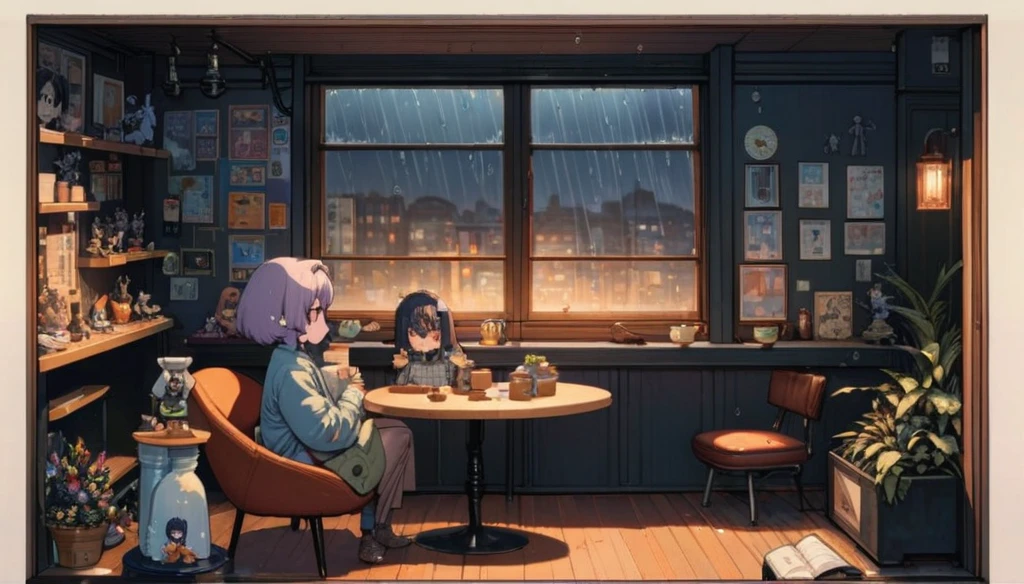 ((anime:1.4,figure)),(masterpiece, Highest quality, Highest quality),(Super detailed, The absolute solution),((16K, High resolution)), (((Cozy café interior, Wet day, Comfortable chair, Book, soft, Large window with raindrops, A steaming cup of tea or coffee on a table, Warm indirect lighting creates a calm atmosphere))), ((cozy lofi figure:1.4)), ((anime:1.4, figure)),(masterpiece, Highest quality, Highest quality),(Super detailed, The absolute solution),((16K, High resolution)) break {Lofi Art, Laurie Griesley's style, Makoto Shinkai&#39;s Style, anime aesthetic}, break { (Generates images with over 40 million pixels of information with the detailed texture of films shot with Sony SLR cameras。).}