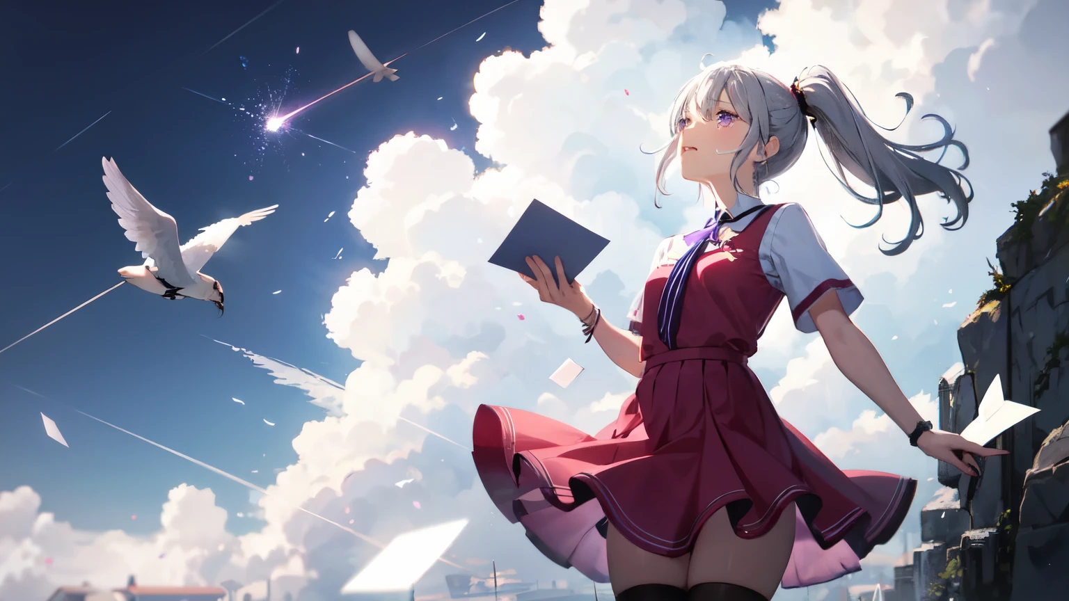 4K,One girl, Pink Dress, ponytail ,Gray Hair, Purple eyes, Holding a letter,Face looking up to the sky,Tears,The background is letters flying, Depth of written boundary, noon, Particles of light, light, Side Lighting, Thighs, skirt, Knee socks, cloud