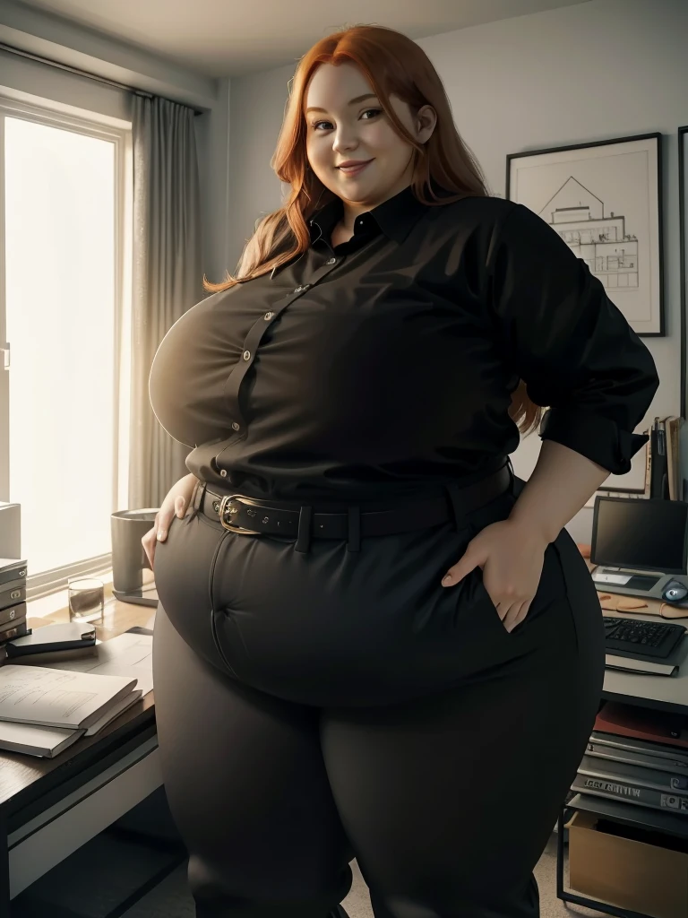 An happy and excited photo of a Beautiful ginger architect BBW, with long wavy light Brownish-ginger hair, with big soft fat belly, thicc fat arms, thicc wide legs, big breast, in black pants, long black shirt tucked in her pants, black belt and black blouse in her new modern architect office with a lot of building models and house blueprints