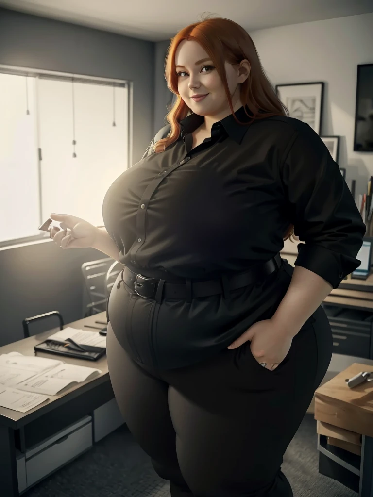 An happy and excited photo of a Beautiful ginger architect BBW, with long wavy light Brownish-ginger hair, with big soft fat belly, thicc fat arms, thicc wide legs, big breast, in black pants, long black shirt tucked in her pants, black belt and black blouse in her new modern architect office with a lot of building models and house blueprints