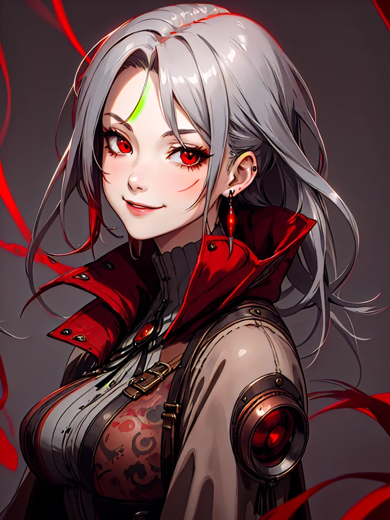 ((Portrait)), She has an Attractive, Young Adult Appearance, with a Large Breasts, a Warm Smile and Light Red Eyes. Her Hair is Ash Gray, Short to the Neck, with Long Strands Falling Below Her Face, and Inner Strands Dyed Red. She Wears a Dark Gray Steampunk-style Dress Coat with Red Details, and Small Earrings, Portrait, HDR, ((Dark Background))