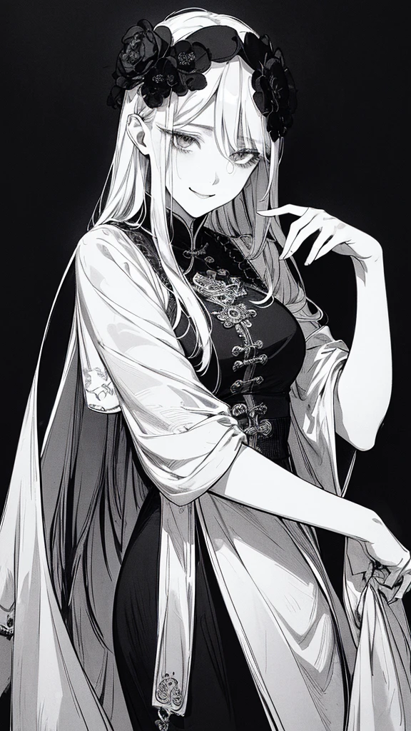 Highest quality, (Background details), High Contrast, Very beautiful woman, Detailed original illustrations、functional、Priest、White Robe、Si Jiaoguan、Delicate face、Charm、Villainess、sexy、Real breasts、Crazy Smile, Crazy Eyes, Black background, (Black background: 1.5), Beautiful line art、Monochrome