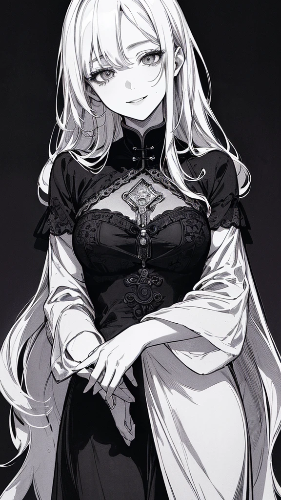 Highest quality, (Background details), High Contrast, Very beautiful woman, Detailed original illustrations、functional、priest、White、Xijiaoguan、Elf、Delicate face、charm、Villainess、sexy、Real breasts、Crazy Smile, Crazy Eyes, Black background, (Black background: 1.5), Beautiful line art、Monochrome