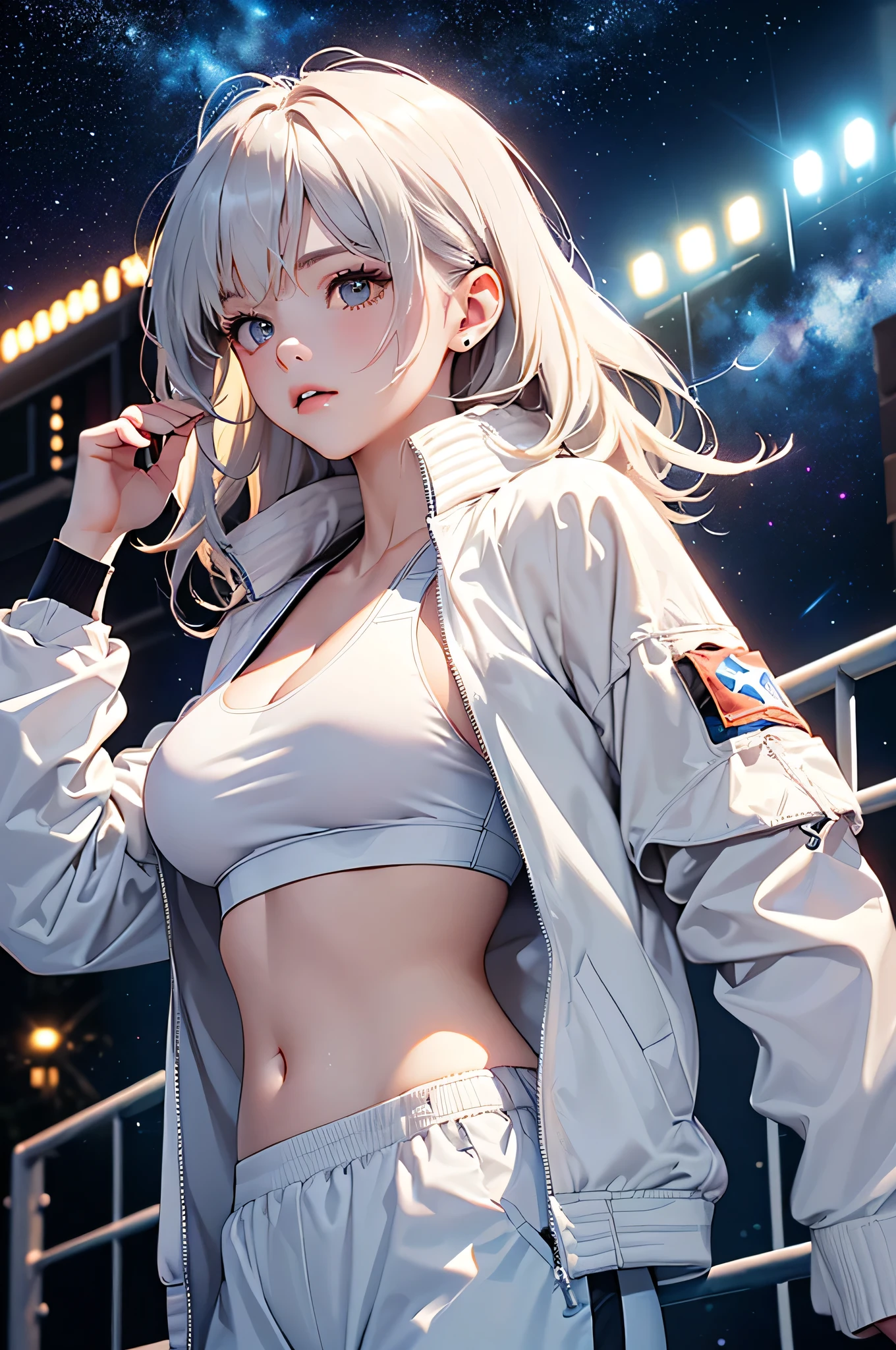 (masterpiece:1.5, Highest quality, Very detailed、 Dutch Angle、Realistic)(One Girl, alone)(Silver Hair:1.6,,Straight Long Hair)(Sports Bra、White jacket:1.5)、((medium breasts, Beautiful cleavage,underboob))(from diagonally forward),(Beautiful starry sky、Mystical Night、Particles of light float around the woman、Fantastic space、Ocean)
