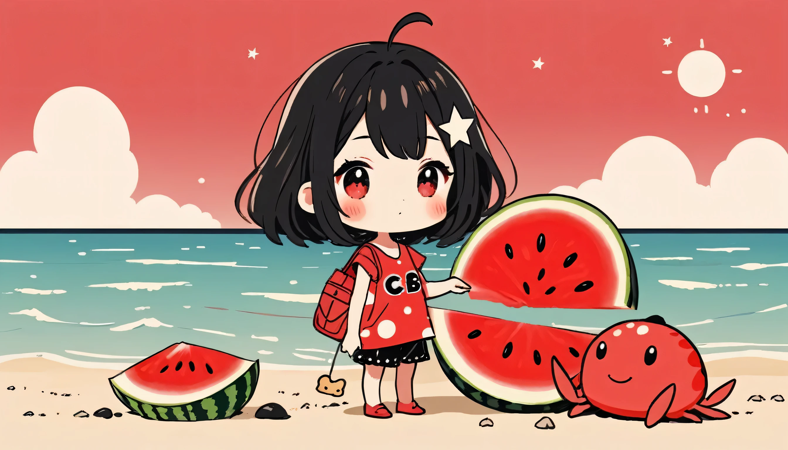 Black Star Red and White style, Simple Line Initialism，Abstract art，Kawaii Design, The most beautiful girl of all time、chibi, The background is a midsummer beach、playing, crab, watermelon