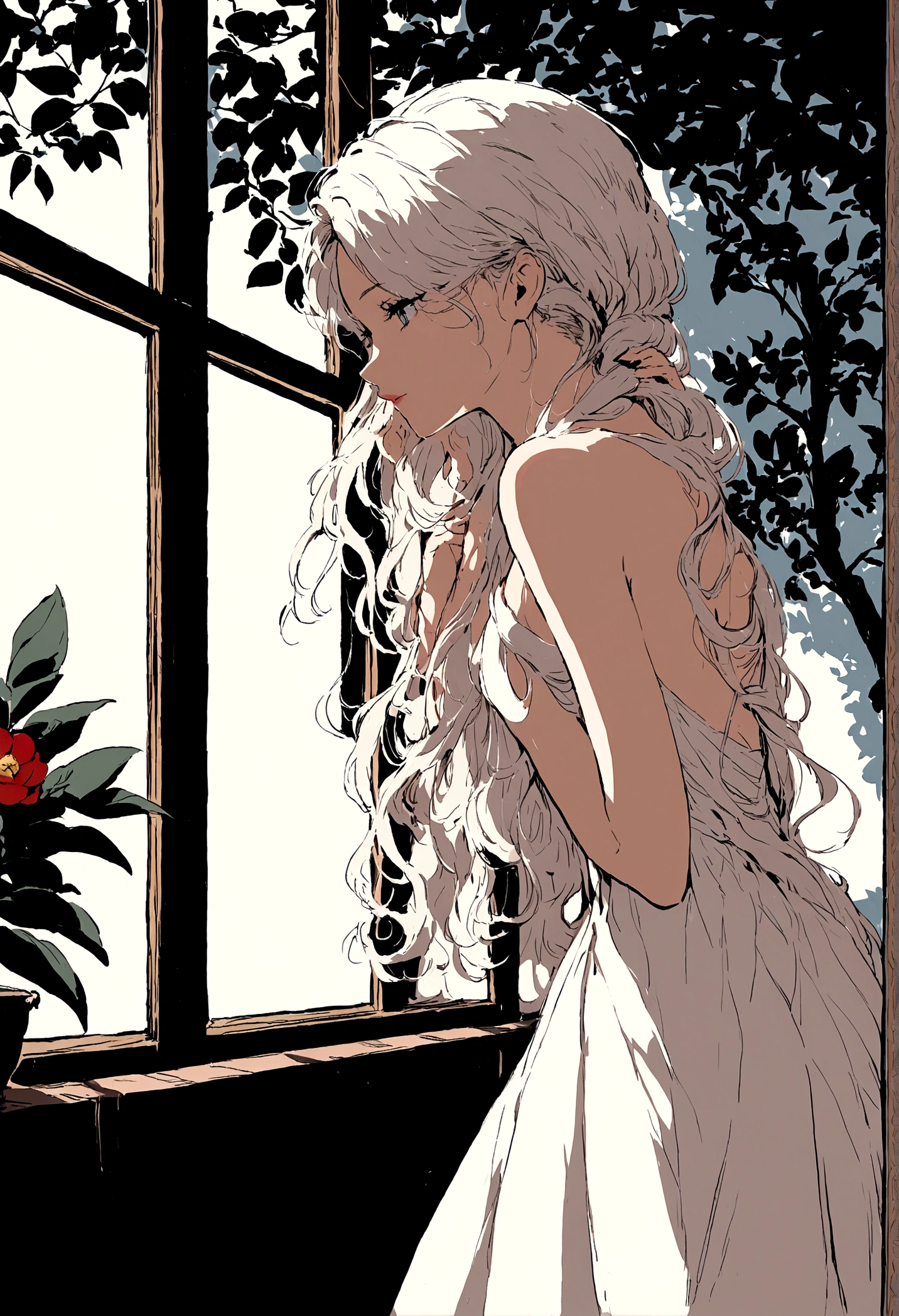 night,Street Lights,((White Camellia)),windowsill,Illustration style,Beautiful women,evening dress,A gentle breeze blows through the strands of hair,Tree Shadows
