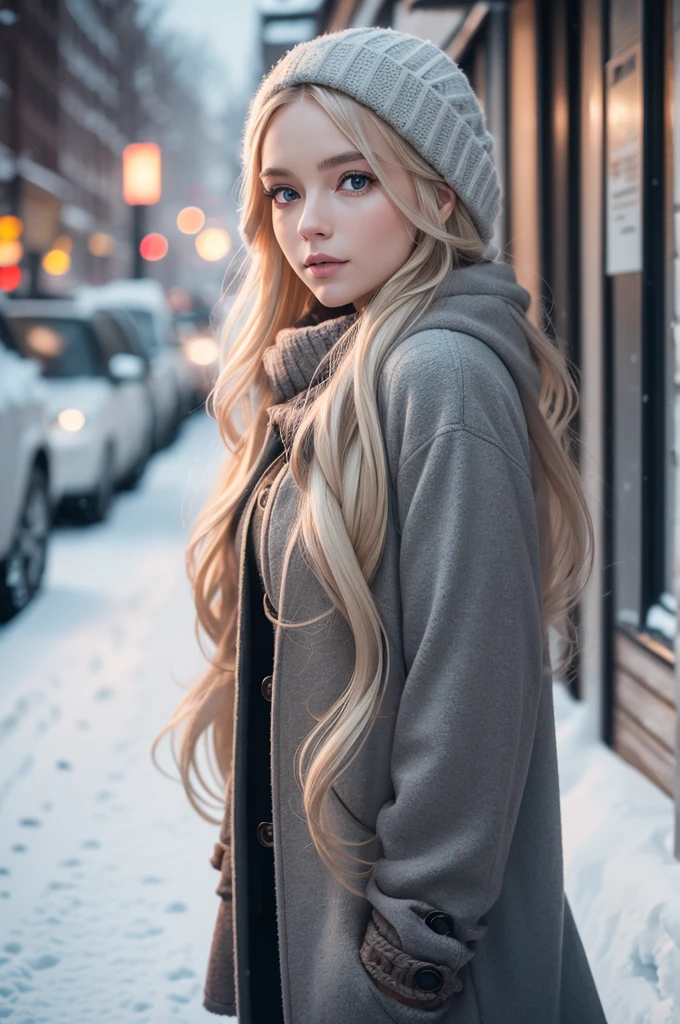 professional photography of a beautiful norwegian girl in winter clothes with long wavy blonde hair, sensual and seductive look, beautiful symmetrical face, beautiful natural makeup, wearing chic warm winter fashion clothing, ((standing outside on the snowy city street)), impressive modern urban environment, ultra realistic, conceptual artwork, chic, highy detailed, intricate, sharp focus, Depth of field, f/1. 8, 85 mm, medium shot, mid shot, (((professional color grading))), soft and bright diffused light, (Volumetric fog), Trends on Instagram, HD 4k, 8K