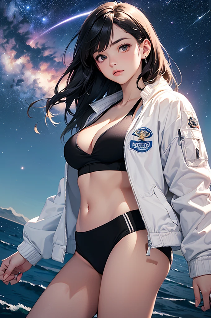 (masterpiece:1.5, Highest quality, Very detailed、 Dutch Angle、Realistic)(One Girl, alone)(Silver Hair:1.6,,Straight Long Hair)(Black sports bra、White jacket:1.5)、((medium breasts, Beautiful cleavage,underboob))(from diagonally forward),(Beautiful starry sky、Mystical Night、Particles of light float around the woman、Fantastic space、Ocean)