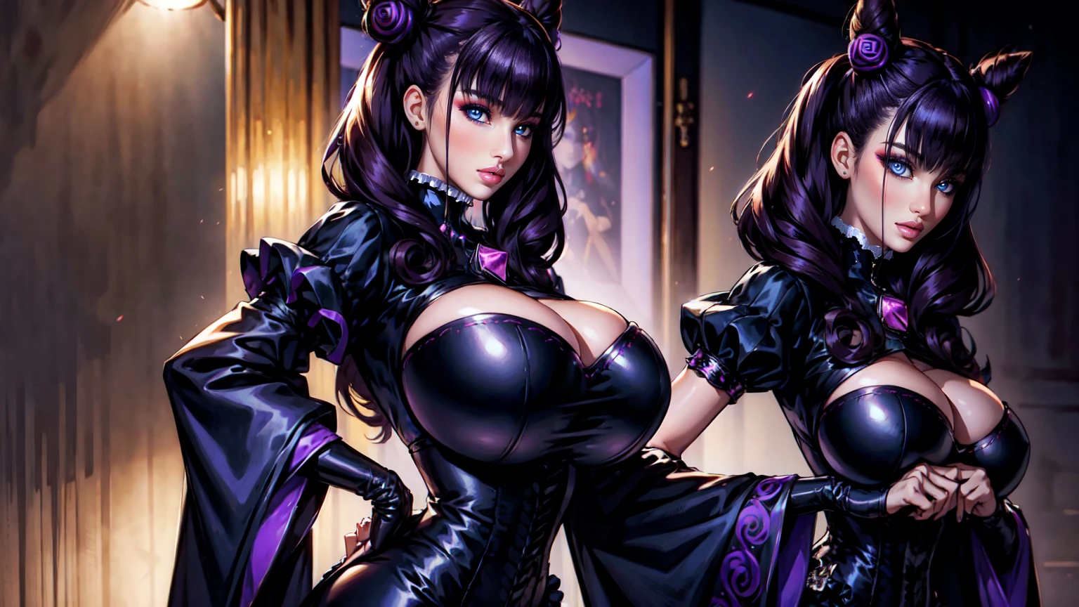 1girl,murasakishikibu, murasaki shikibu, brown hair, (purple eyes:1.1), long hair, big breast, BREAK black dress, dress,, frills, juliet sleeves, long sleeves, puff and slash sleeves, puffy sleeves, purple gemstone, sleeves past wrists, wide sleeves, cone hair bun, double bun, hair bun, hair ornament, long hair, two side up,BREAK (masterpiece:1.2),(beautiful detailed eyes:1.6), extremely detailed face, perfect lighting, extremely detailed CG, (perfect hands, perfect anatomy), standing on strip club stage and dancing