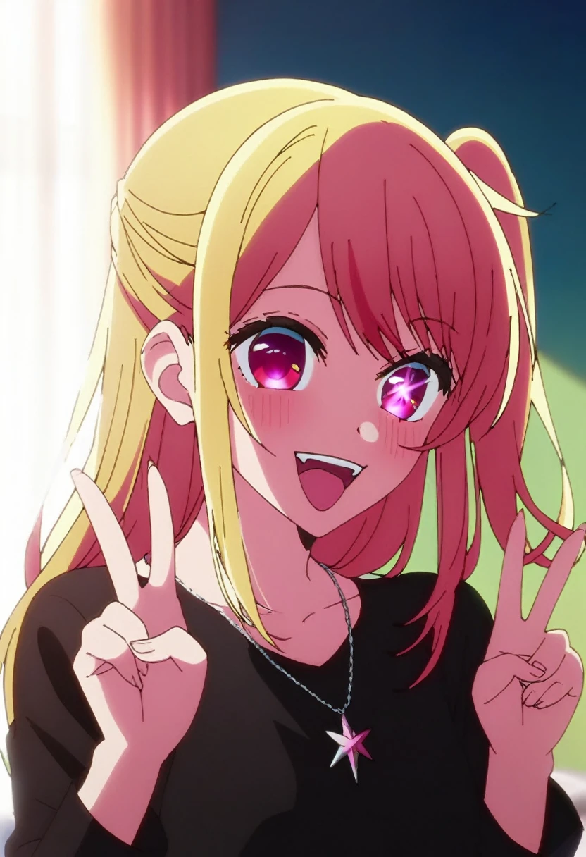 1girl, hoshinoruby, solo, star-shaped pupils, long hair, one side up, blonde hair, small breasts, BREAK
black shirt, long sleeves,, necklace, sparkling aura, BREAK
upper body, portrait, smile, open mouth, :d, tongue out, (fangs:0.8), double v, BREAK
backlighting, score_9, score_8_up, score_7_up, score_6_up, anime, fizrotart, glowing eyes,
(high quality, detailed, beautiful), shiny, detailed beautiful eyes, outstanding, countershading, detailed soft lighting