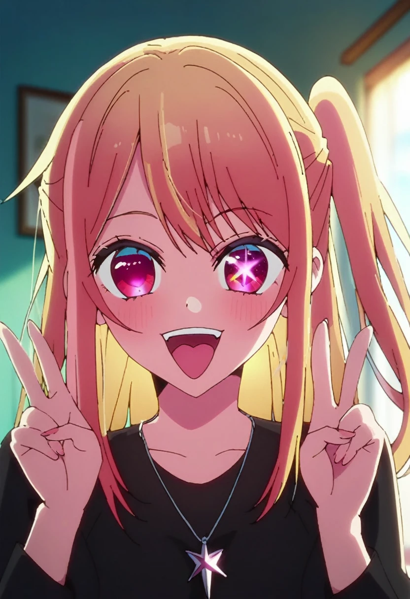 1girl, hoshinoruby, solo, star-shaped pupils, long hair, one side up, blonde hair, small breasts, BREAK
black shirt, long sleeves,, necklace, sparkling aura, BREAK
upper body, portrait, smile, open mouth, :d, tongue out, (fangs:0.8), double v, BREAK
backlighting, score_9, score_8_up, score_7_up, score_6_up, anime, fizrotart, glowing eyes,
(high quality, detailed, beautiful), shiny, detailed beautiful eyes, outstanding, countershading, detailed soft lighting