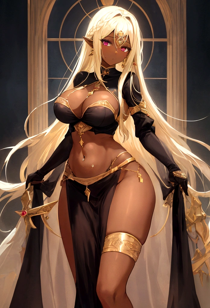 Beautiful dark-skinned girl in high school with large breasts and hourglass body. Her hair is blonde and long down to her hips., She has pierced ears、High-necked .