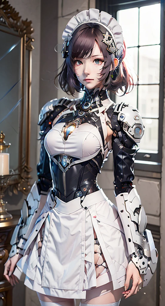 Very detailed, Advanced Details, high quality, 最high quality, High resolution, 1080P, HD, 4K,  beautiful,(Machine),beautiful cyborg mixed maid female, Mecha Cyborg Girl,Mecha Body Girl,She is wearing a futuristic mech, victorian maid dress, from the front, From the skirt up,A cute room for children, bed room, bed,