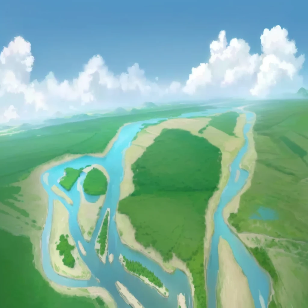 painting of a river running through a lush green field with trees, river delta, background art, detailed digital painting, sci-fiish landscape, detailed landscape, background artwork, island landscape, island background, a digital painting, with a river running through it, floodplains, digital painted, river in the background, very detailed!, anime landscape, vast landscape, gigantic landscape!