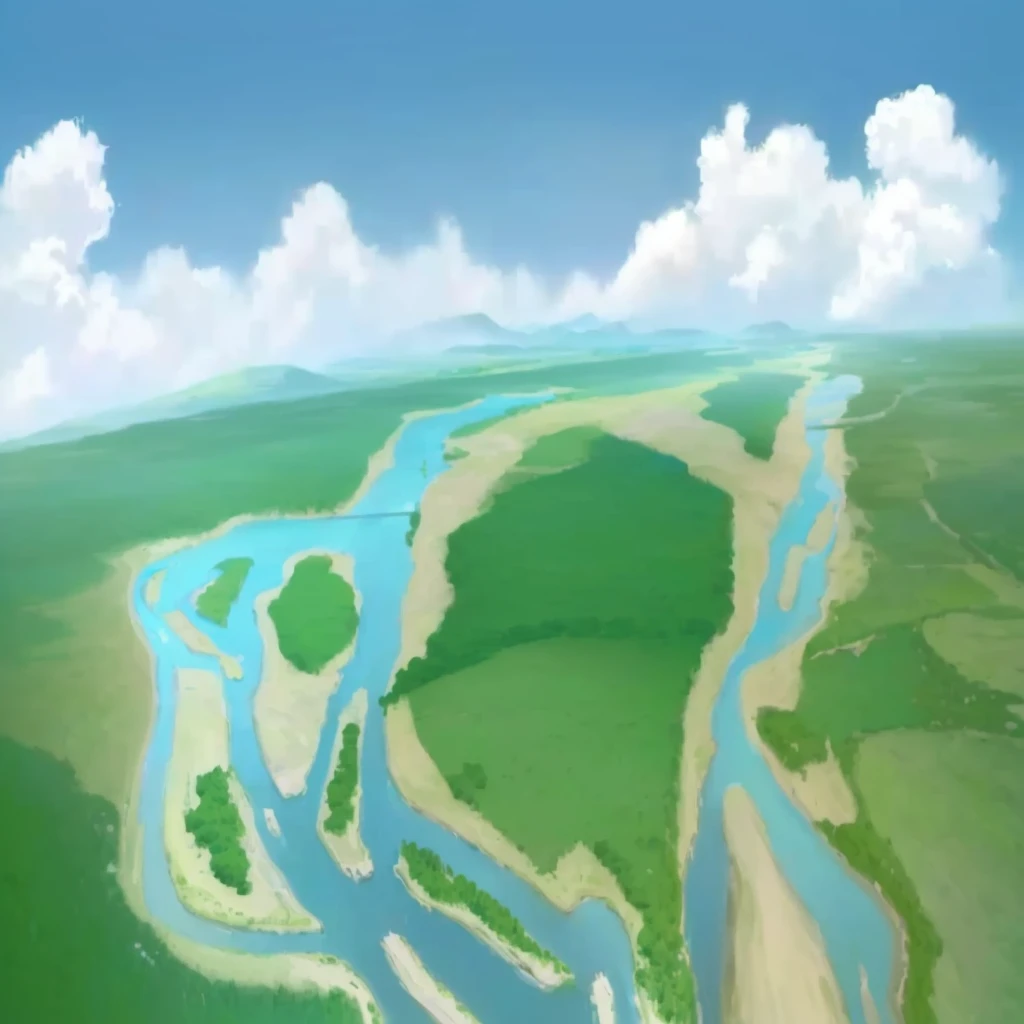 painting of a river running through a lush green field with trees, river delta, background art, detailed digital painting, sci-fiish landscape, detailed landscape, background artwork, island landscape, island background, a digital painting, with a river running through it, floodplains, digital painted, river in the background, very detailed!, anime landscape, vast landscape, gigantic landscape!