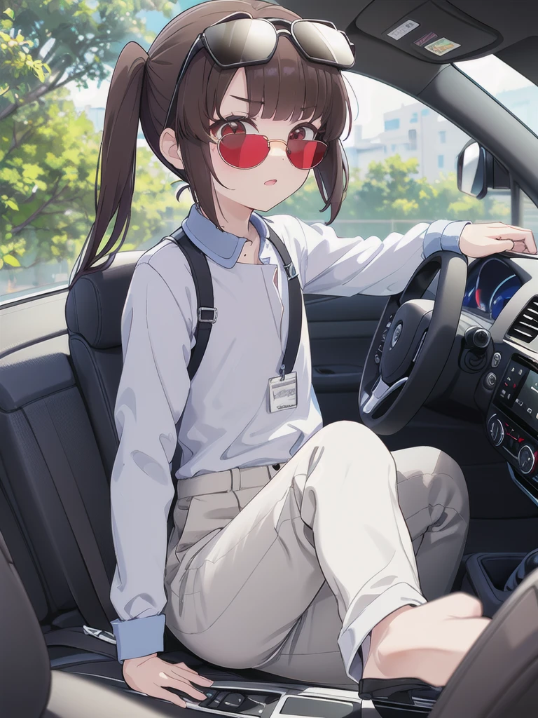 In the car,Convertible,Sitting,((Behind the wheel of a car)),Looking Ahead,driving,1 Girl, 独奏, Red eyes,((Wearing black sunglasses on your head)),, Twin tails, brown hair,crawling,((顔 focus)),upper body,White long sleeve shirt,Grey slacks, bangs, eyebrows visible through hair, Flat Chest,