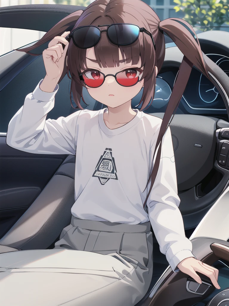 In the car,Convertible,Sitting,((Behind the wheel of a car)),Looking Ahead,driving,1 Girl, 独奏, Red eyes,((Wearing black sunglasses on your head)),, Twin tails, brown hair,crawling,((顔 focus)),upper body,White long sleeve shirt,Grey slacks, bangs, eyebrows visible through hair, Flat Chest, 