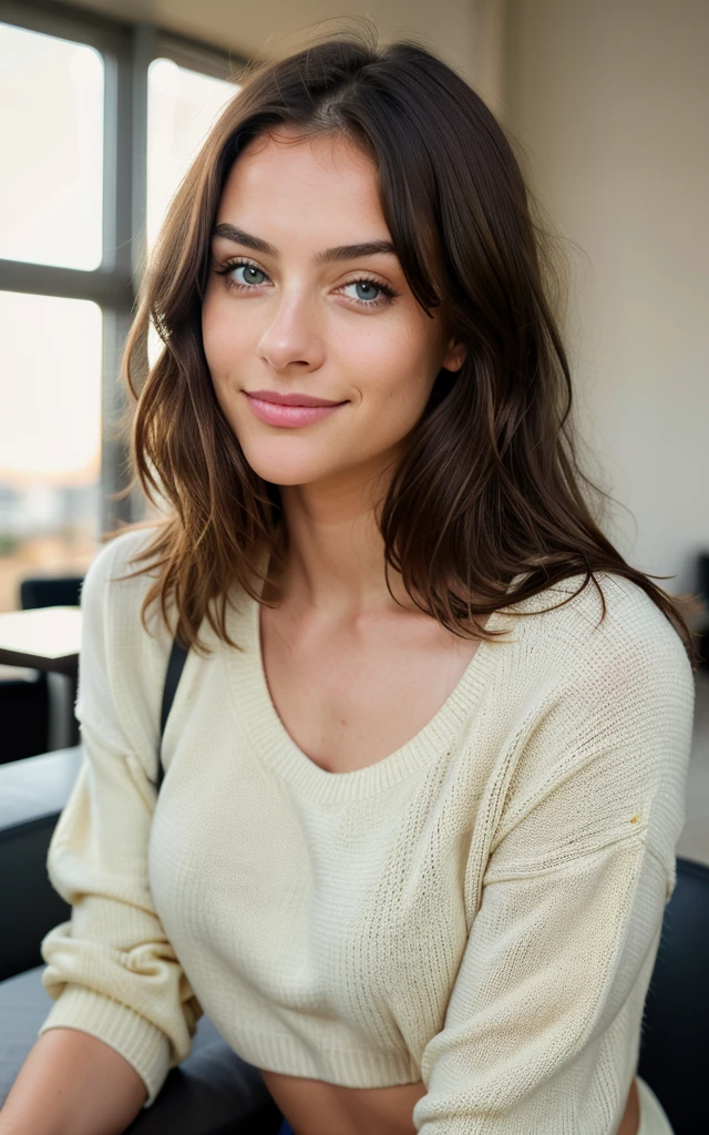 Cute beautiful brunette long straigh hair with yellow sweater (aucking dick in a modern café at sunset), muito detalhado, 14years old, innocent face, naturally wavy hair, blue eyes, high-res, masterpiece, best qulaity, Intricate detailing, muito detalhado, sharp focus, detailed skin, realistie Hauttextur, Textur, detailled eyes, professional, 4K, charming smile, taken with Canon, 85 mm, light depth of field, Kodak Vision Color, perfectly fitting body, extremely detail, photoshot_\(ultra\), fotorealisti, realisti, Post processing, maximum details, roughness, real life, ultrarealisti, photoshotrealismus, photoshotgrafie, 8K UHD, photoshotgrafie