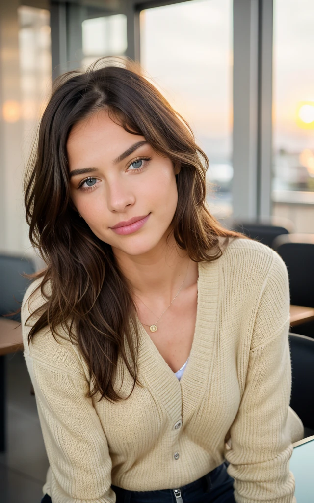 Cute beautiful brunette than skin long straigh hair with yellow sweater, (brown eyes) (aucking dick in a modern café at sunset), muito detalhado, 14years old, innocent face, naturally wavy hair, blue eyes, high-res, ​masterpiece, best qulaity, Intricate detailing, muito detalhado, sharp focus, detailed skin, realistie Hauttextur, Textur, detailled eyes, professional, 4K, charming smile, taken with Canon, 85 mm, light depth of field, Kodak Vision Color, perfectly fitting body, extremely detail, photoshot_\(ultra\), fotorealisti, realisti, Post processing, maximum details, roughness, real life, ultrarealisti, photoshotrealismus, photoshotgrafie, 8K  UHD, photoshotgrafie