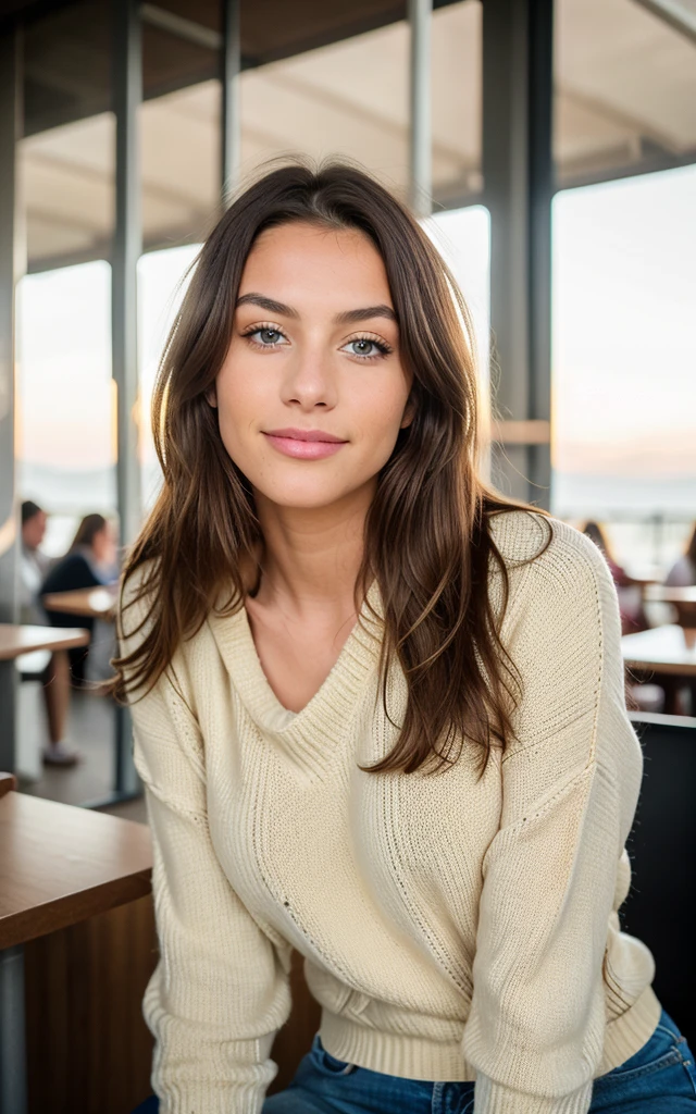 Cute beautiful brunette long straigh hair with yellow sweater (aucking dick in a modern café at sunset), muito detalhado, 14years old, innocent face, naturally wavy hair, blue eyes, high-res, masterpiece, best qulaity, Intricate detailing, muito detalhado, sharp focus, detailed skin, realistie Hauttextur, Textur, detailled eyes, professional, 4K, charming smile, taken with Canon, 85 mm, light depth of field, Kodak Vision Color, perfectly fitting body, extremely detail, photoshot_\(ultra\), fotorealisti, realisti, Post processing, maximum details, roughness, real life, ultrarealisti, photoshotrealismus, photoshotgrafie, 8K UHD, photoshotgrafie