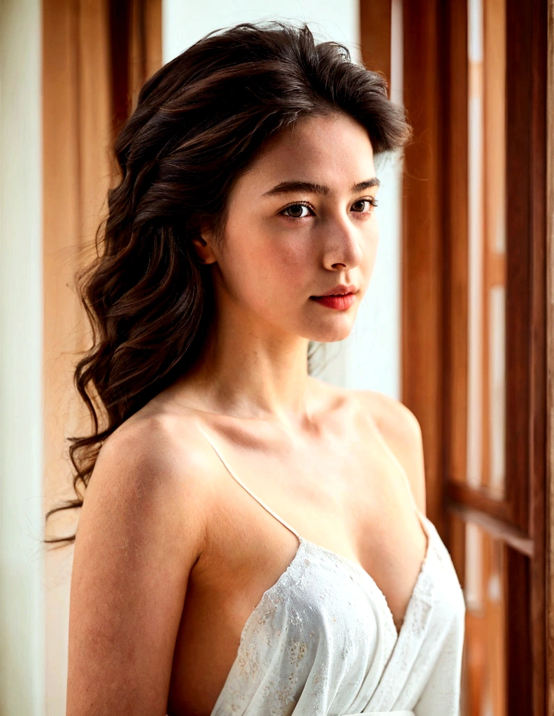 A woman with a beautiful face after taking a shower_Hair not yet completely dried, close-up angle_Enjoying leisurely time on a large terrace wearing a shower gown. The interior, with its bright cinematic lighting, is quiet and peaceful. Best quality, high definition, detailed, masterpiece, 8k,