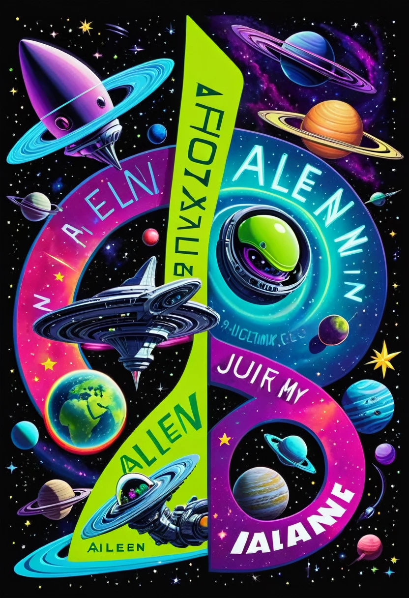 **photo-style collage depicting iconic Highlights and scenes from a Spinning Spiral Galaxy and a Alien Sideview Profile and Alien Planets and Shooting Stars and Galaxy Alien Rangers and Astronauts and Spaceships, arranged inside the Neon bold letters of the word "Alien Journey" The letters should be large and black, set against a contrasting background that makes the images within the letters stand out, by Josh Agle and Ed Paschke