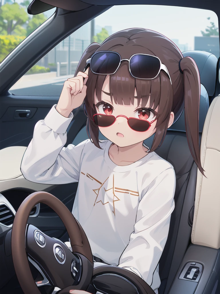 In the car,Convertible,Sitting,((Behind the wheel of a car)),Looking Ahead,driving,1 Girl, 独奏, Red eyes,((Wearing black sunglasses on your head)),, Twin tails, brown hair,crawling,((顔 focus)),upper body,White long sleeve shirt,Grey slacks, bangs, eyebrows visible through hair, Flat Chest,