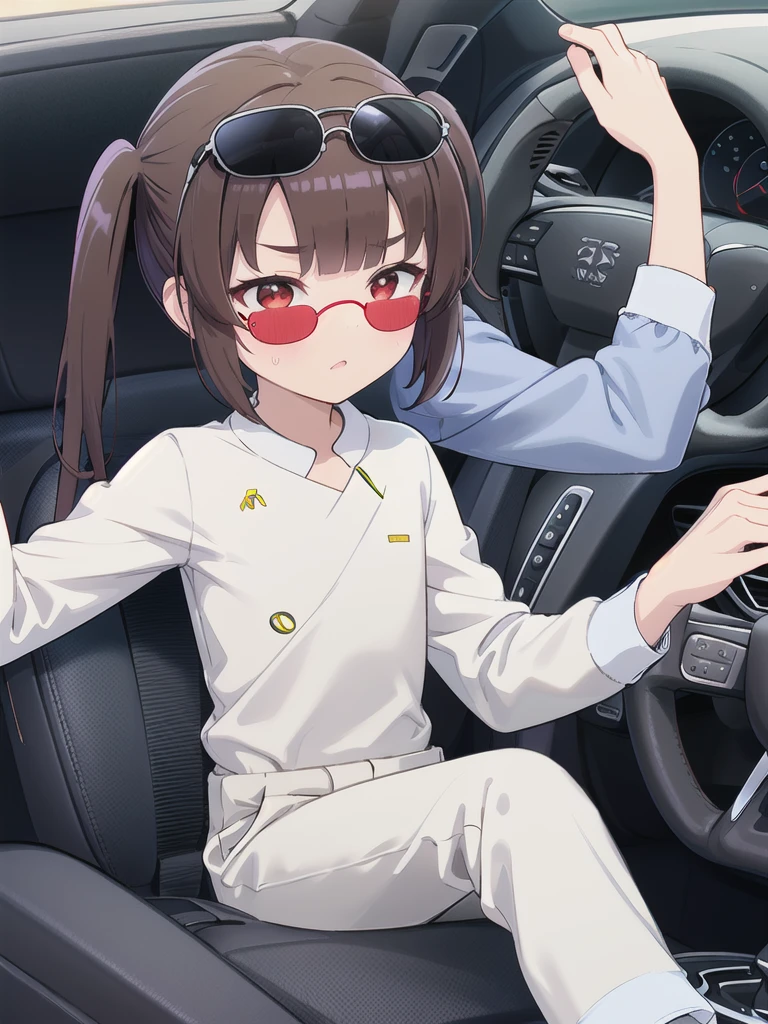 In the car,Convertible,Sitting,((Behind the wheel of a car)),Looking Ahead,driving,1 Girl, 独奏, Red eyes,((Wearing black sunglasses on your head)),, Twin tails, brown hair,crawling,((顔 focus)),upper body,White long sleeve shirt,Grey slacks, bangs, eyebrows visible through hair, Flat Chest, 