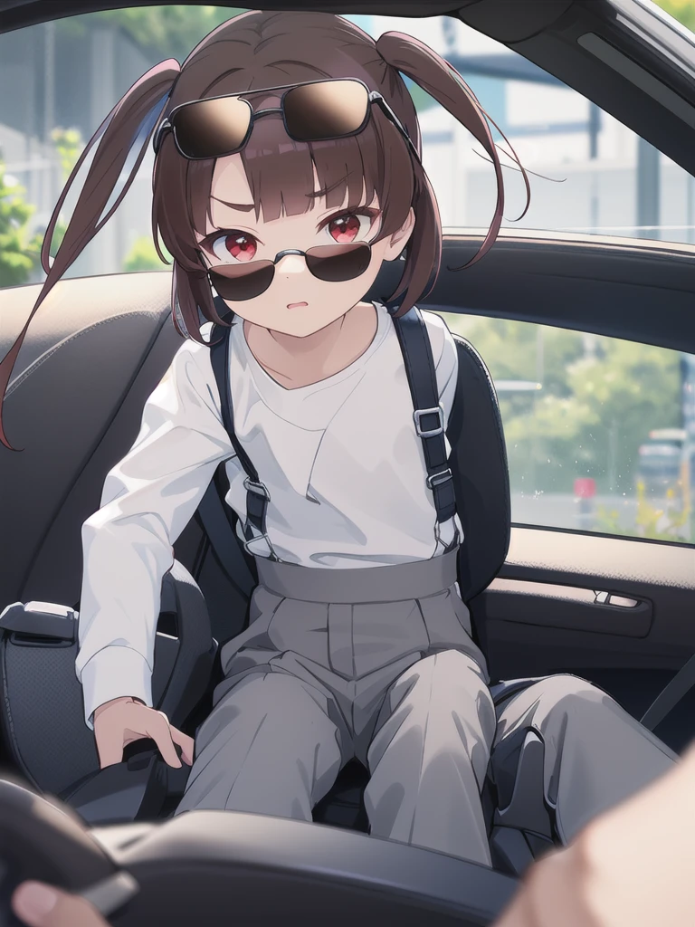 In the car,Convertible,Sitting,((Behind the wheel of a car)),Looking Ahead,driving,1 Girl, 独奏, Red eyes,((Wearing black sunglasses on your head)),, Twin tails, brown hair,crawling,((顔 focus)),upper body,White long sleeve shirt,Grey slacks, bangs, eyebrows visible through hair, Flat Chest,