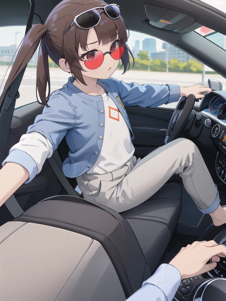 In the car,Convertible,Sitting,((Behind the wheel of a car)),Looking Ahead,driving,1 Girl, 独奏, Red eyes,((Wearing black sunglasses on your head)),, Twin tails, brown hair,crawling,((顔 focus)),upper body,White long sleeve shirt,Grey slacks, bangs, eyebrows visible through hair, Flat Chest, 