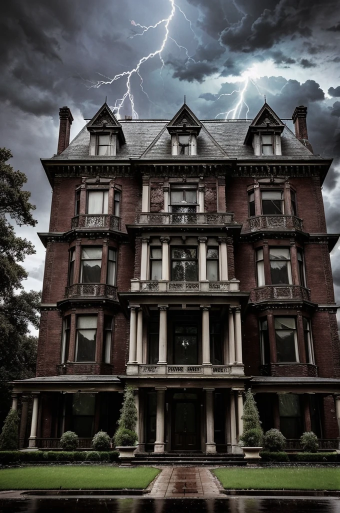 Exterior View of the Mansion
**Prompt:** An old and eerie mansion, surrounded by darkness on a stormy night. Rain droplets are hitting the windows and lightning is flashing in the sky. The mansion's doors and windows are covered in cobwebs.
