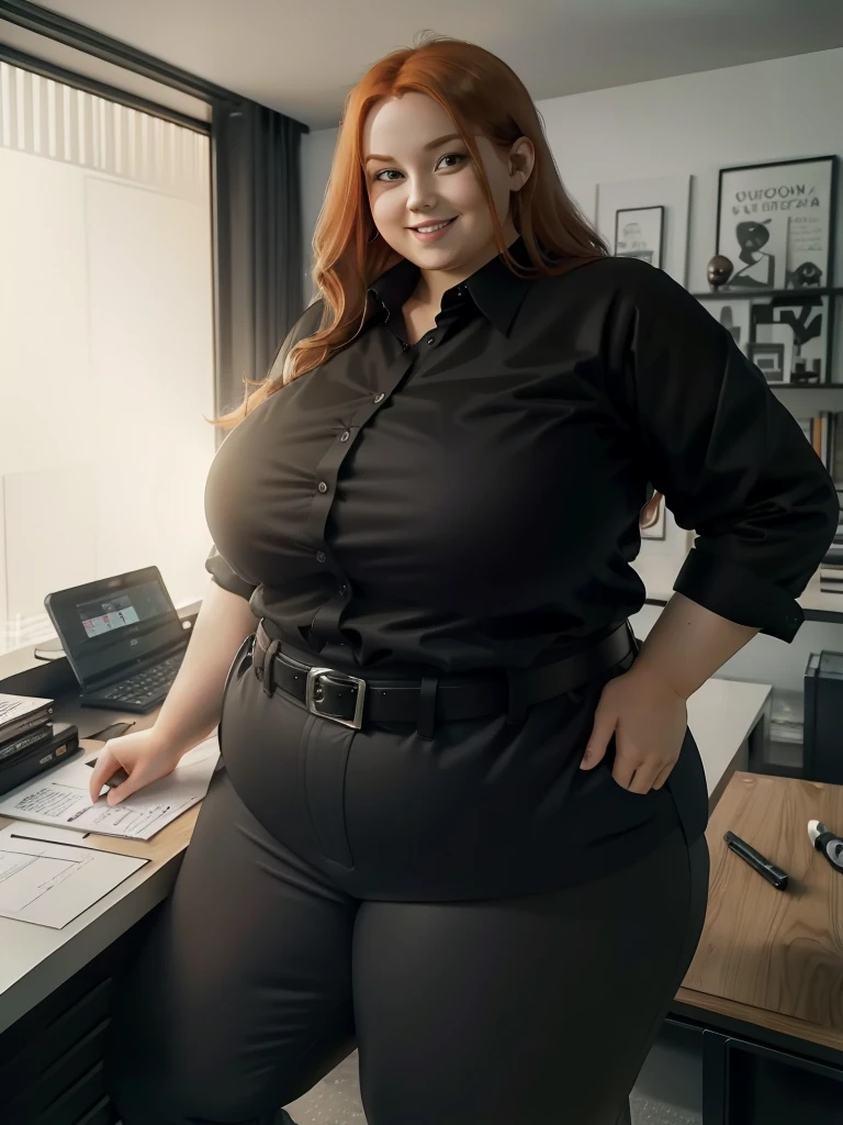 An happy and excited photo of a Beautiful ginger architect BBW, with long wavy light Brownish-ginger hair, with big soft fat belly, thicc fat arms, thicc wide legs, big breast, in black pants, long black shirt tucked in her pants, black belt and black blouse in her new modern architect office with a lot of building models and house blueprints