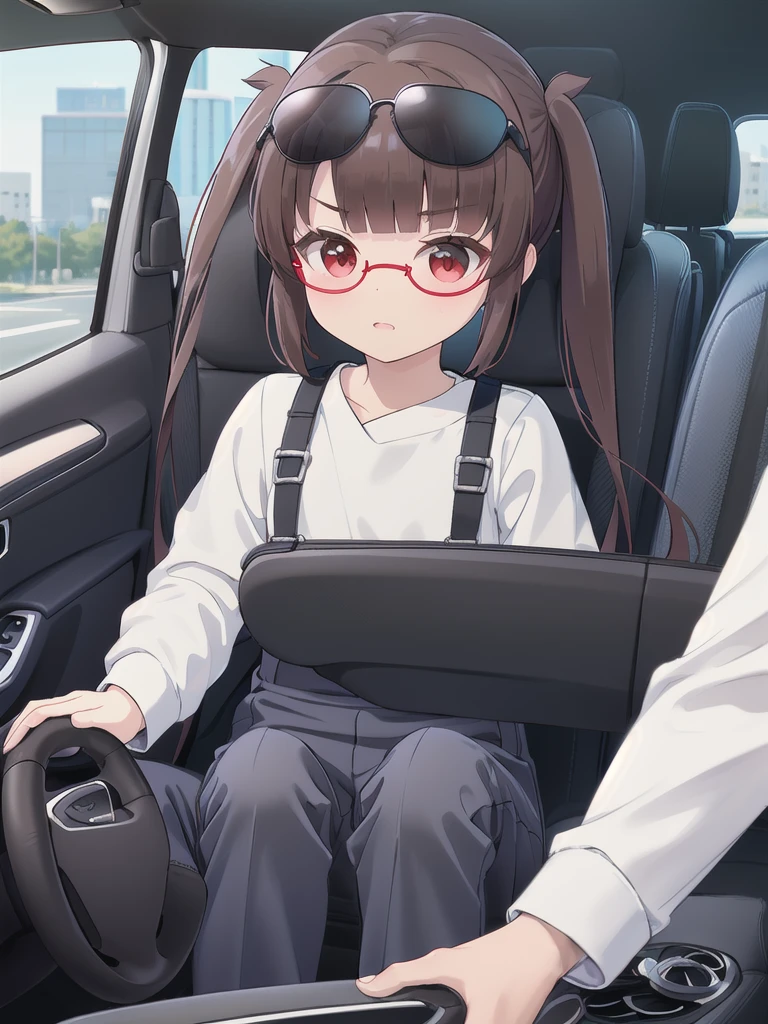 In the car,Convertible,Sitting,((Behind the wheel of a car)),Looking Ahead,driving,1 Girl, 独奏, Red eyes,sunglasses,, Twin tails, brown hair,crawling,((顔 focus)),upper body,White long sleeve shirt,Grey slacks, bangs, eyebrows visible through hair, Flat Chest,