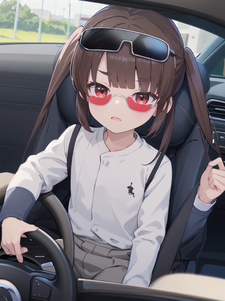 In the car,Convertible,Sitting,((Behind the wheel of a car)),Looking Ahead,driving,1 Girl, 独奏, Red eyes,((Wearing black sunglasses on your head)),, Twin tails, brown hair,crawling,((顔 focus)),upper body,White long sleeve shirt,Grey slacks, bangs, eyebrows visible through hair, Flat Chest, 