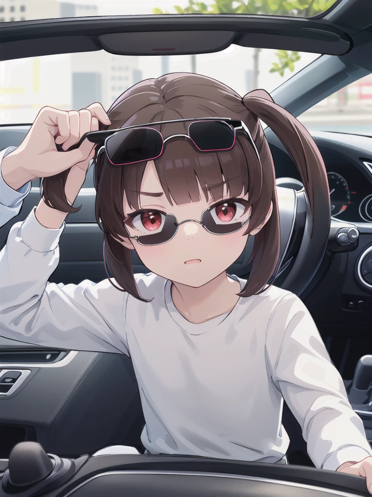 In the car,Convertible,Sitting,((Behind the wheel of a car)),Looking Ahead,driving,1 Girl, 独奏, Red eyes,((Wearing black sunglasses on your head)),, Twin tails, brown hair,crawling,((顔 focus)),upper body,White long sleeve shirt,Grey slacks, bangs, eyebrows visible through hair, Flat Chest, 