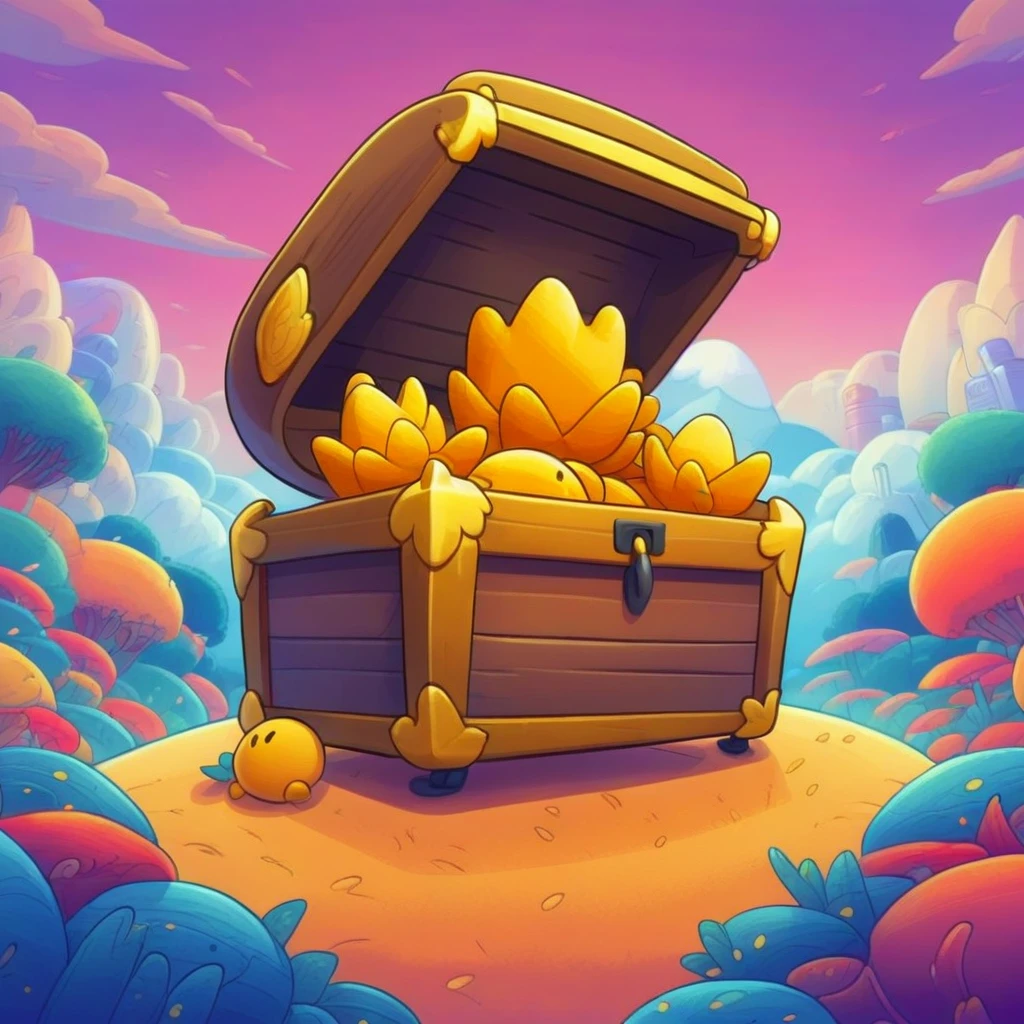 golden chest , mobile game art, banner, detailed game art, stylized game art, game illustration, splash screen art, full card design, wallpaper!, extended art, adtime style art, saturated colorful