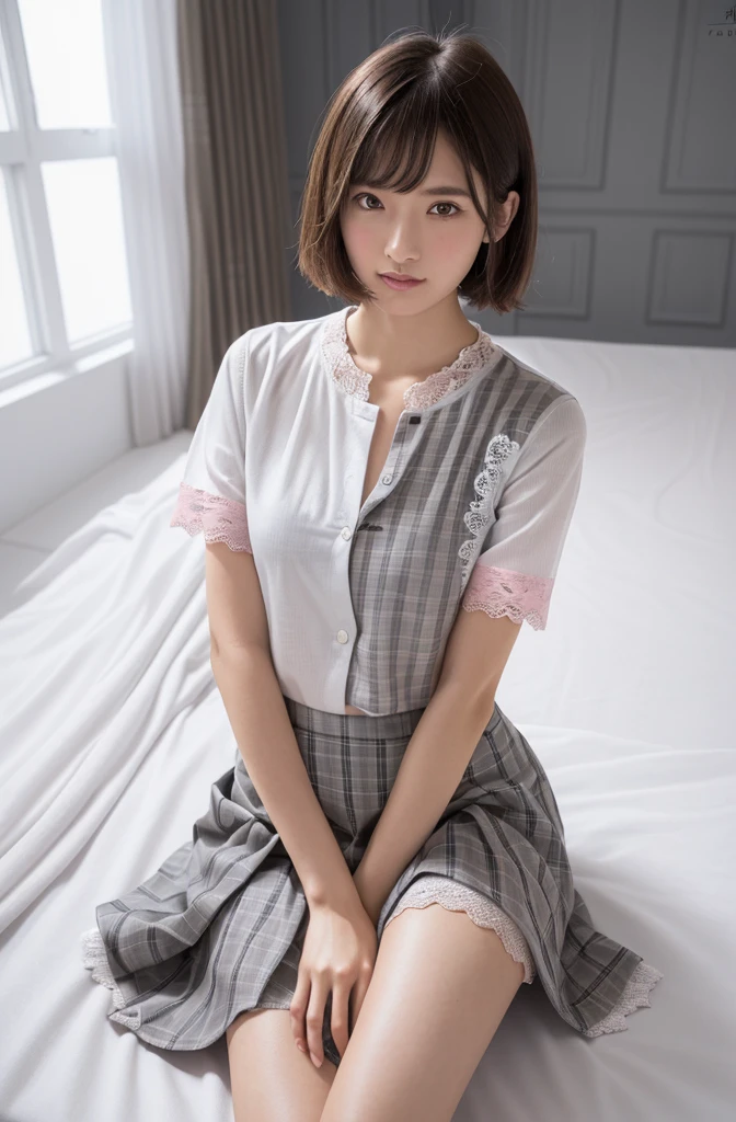 (Highest quality:1.9)、(High resolution)、Live-action image quality、((19 year old female university student、1 person))、Soft lighting by a professional photographer、Natural light、((Very spacious white luxurious room:1.6))、((Bright white room:1.6))、(Sitting on a very luxurious white bed:1.2)、(White Bookcase:1.1)、Natural soft light、((Brown hair color:1.1))、Fair skin、Detailed Eyes、double eyelid、Slightly puffy cheeks、((Small Face:1.0))、((Pink lace short sleeve shirt、Grey checked mini skirt、Please wear it with the chest open.:1.7))、((Small breasts:1.7))、(smile)、((Girly pose 1.8))、((short hair:1.1))、((Full Body Shot:1.2))、((Height: 150cm))、Hands in front、Hide your hands between your legs、