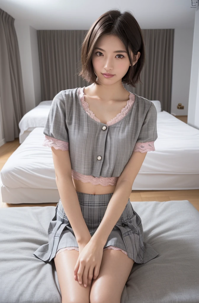 (Highest quality:1.9)、(High resolution)、Live-action image quality、((19 year old female university student、1 person))、Soft lighting by a professional photographer、Natural light、((Very spacious white luxurious room:1.6))、((Bright white room:1.6))、(Sitting on a very luxurious white bed:1.2)、(White Bookcase:1.1)、Natural soft light、((Black Hair Color:1.1))、Fair skin、Detailed Eyes、double eyelid、Slightly puffy cheeks、((Small Face:1.0))、((Pink lace short sleeve shirt、Checked mini skirt、Please wear it with the chest open.:1.7))、(smile)、((Girly pose 1.8))、((short hair:1.1))、((Full Body Shot:1.2))、((Height: 145cm))、Hands in front、Hide your hands between your legs、bangs、