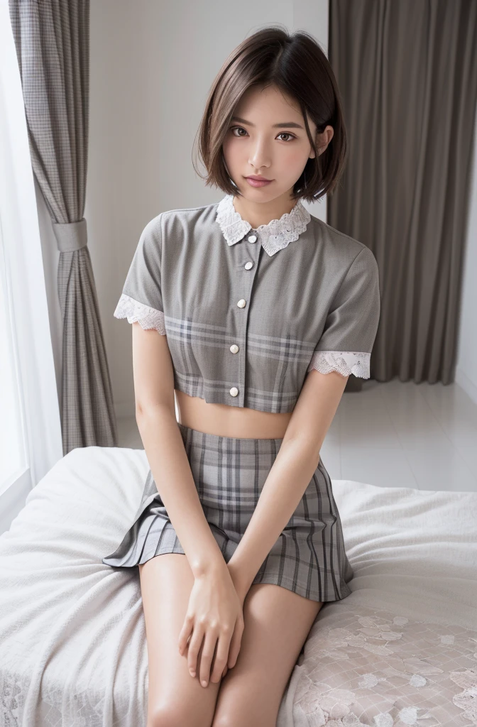 masterpiece, best quality, illustration, Super detailed, fine details, High resolution, 8K,wall paper, perfect dynamic composition,(Details High quality, realistic depiction of eyes:1.3), standing, (collared shirt:1.1), pleated skirt, short bob hair、black hair color, Big Natural Color Lip, bold y pose, crying a little、Harajuku style、acrobatic pose, 20 year old girl、cute type、lolautiful legs, hotel room, gravure idol, Voluptuous thighs, huge breasts, xpose it