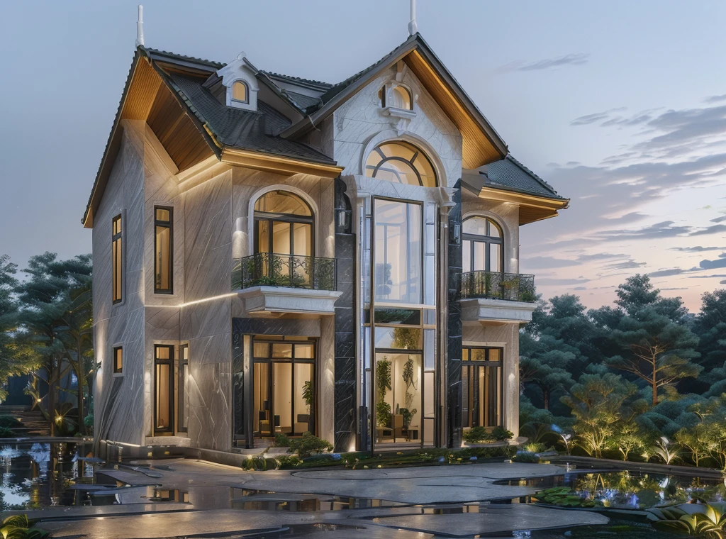 3D render of a beautiful house, Dark, gray tones, white wall. lumion render, night time render, insanely detailed rendering, realistic architecture, architectural visualization. The staircase leading into the house is tiled with black marble and has bright LED lights. Behind are hills and mountains with clear blue sky. The house with a large porch to sit and drink tea and LED lights, there is a large patio with a waterfall and a pond, pine trees, grass, garden stones, roses, modernism, vivid and detailed, zen garden, lush garden surroundings, residential design, lush landscaping, dense with greenery, pristine and clean design, clean and pristine design. balcony with green plants. The main door is made of black aluminum and glass reaching up to the ceiling. Looking through the glass windows to look inside the house with luxurious interiors with luxurious and warm lights, interior lighting rendering and lighting effects. marble and wood and glass, dark and modern, luxcore render, taken with professional photography techniques, using a wide angle lens with bright natural light and high resolution details, in the style of professional photograph, hyper realistic, highly detailed.