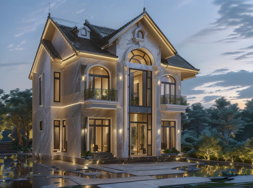 3D render of a beautiful house, Dark, gray tones, white wall. lumion render, night time render, insanely detailed rendering, realistic architecture, architectural visualization. The staircase leading into the house is tiled with black marble and has bright LED lights. Behind are hills and mountains with clear blue sky. The house with a large porch to sit and drink tea and LED lights, there is a large patio with a waterfall and a pond, pine trees, grass, garden stones, roses, modernism, vivid and detailed, zen garden, lush garden surroundings, residential design, lush landscaping, dense with greenery, pristine and clean design, clean and pristine design. balcony with green plants. The main door is made of black aluminum and glass reaching up to the ceiling. Looking through the glass windows to look inside the house with luxurious interiors with luxurious and warm lights, interior lighting rendering and lighting effects. marble and wood and glass, dark and modern, luxcore render, taken with professional photography techniques, using a wide angle lens with bright natural light and high resolution details, in the style of professional photograph, hyper realistic, highly detailed.